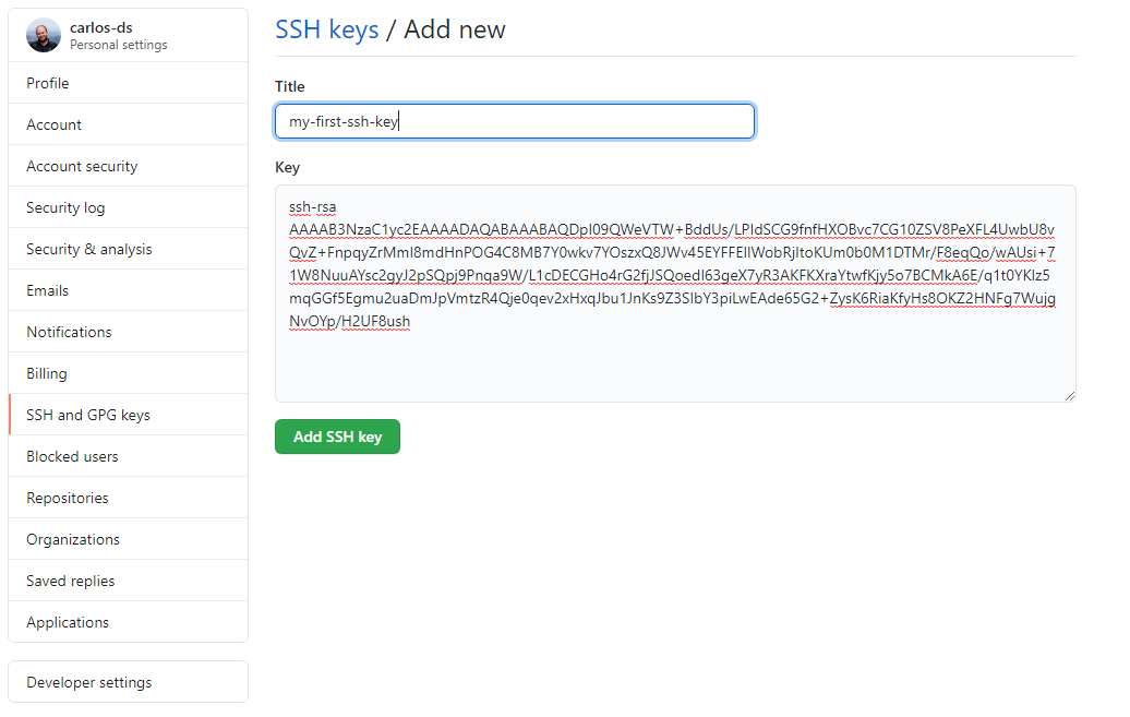 Github settings page to add SSH key